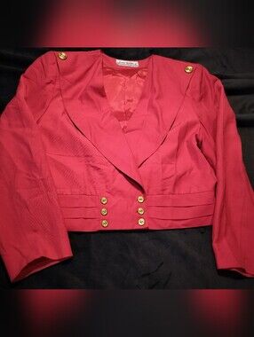 Vintage Joan Walters Crop Red Women's Blazer w/ Gold Anchor Buttons - 12 Medium